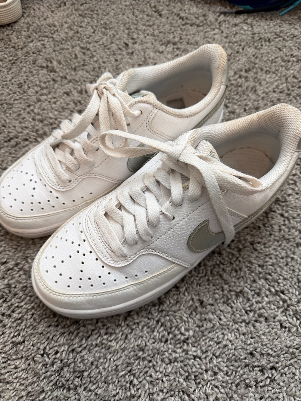 Nike Women's White Leather Sneakers with Holographic Gray Swoosh